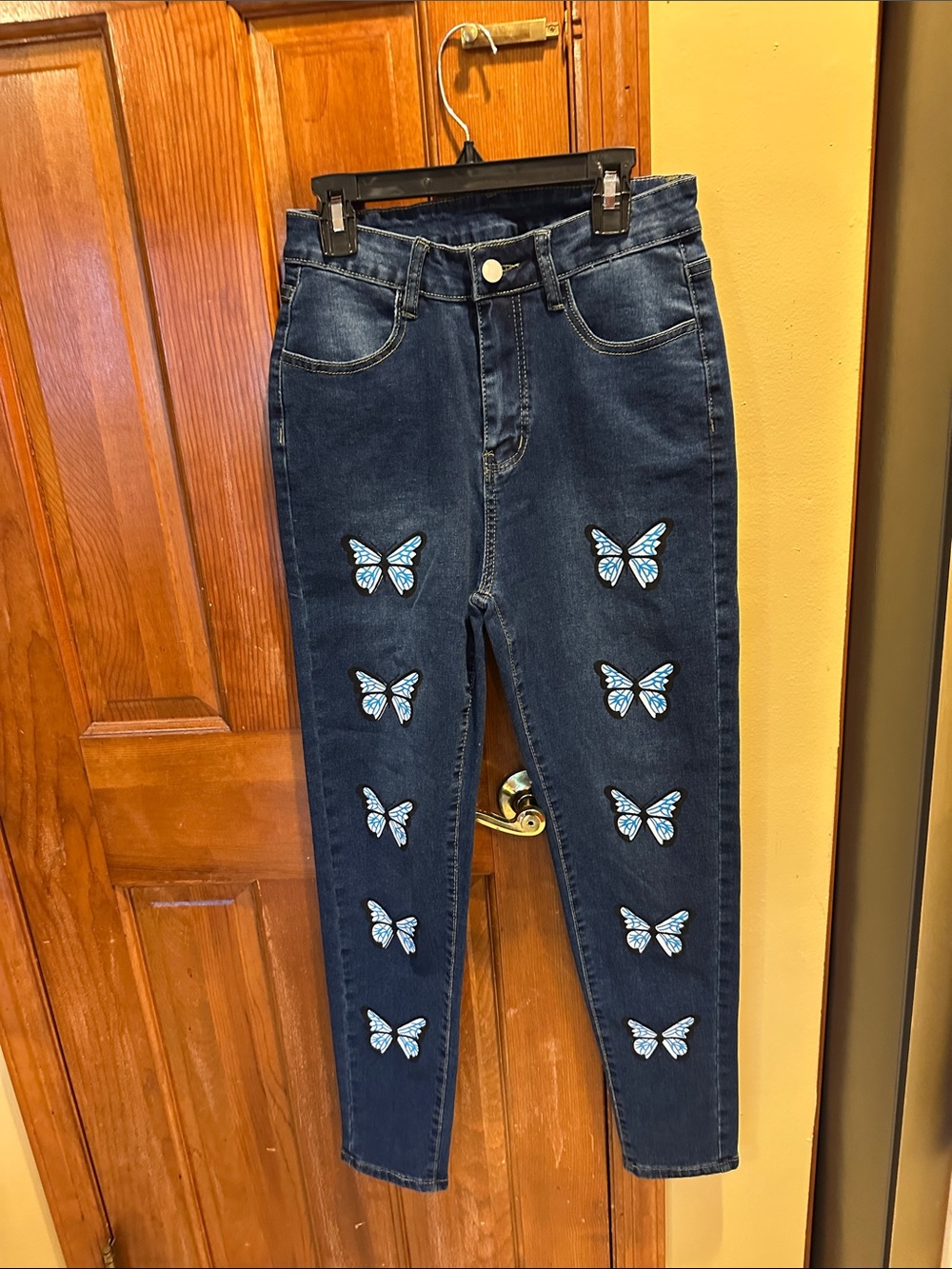 Dark Blue Skinny Jeans with Blue Butterfly Embroidery